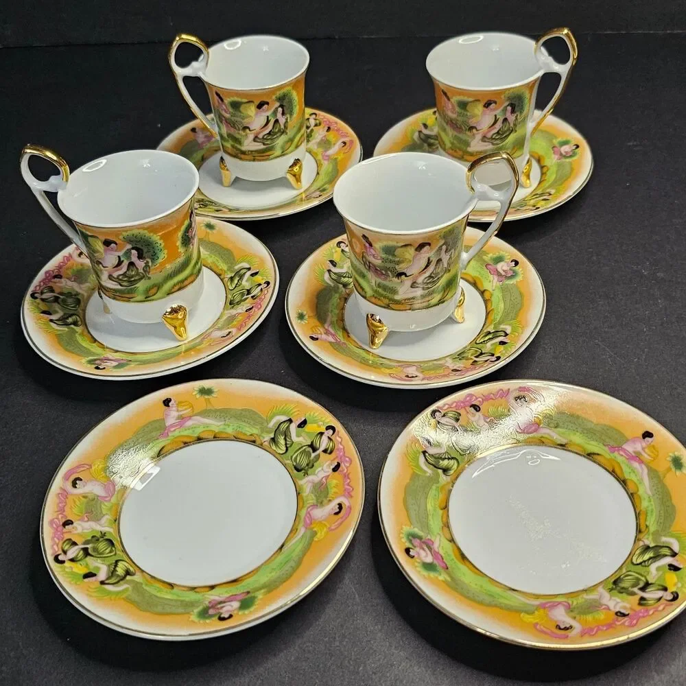 Japanese Teacups and Saucers, Set of 4 Gold Accents Demitasse Coffee Cups